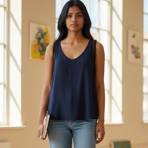 Zara W&B Collection Women’s L Navy Blue Layered Sleeveless Tank Black Chain Trim